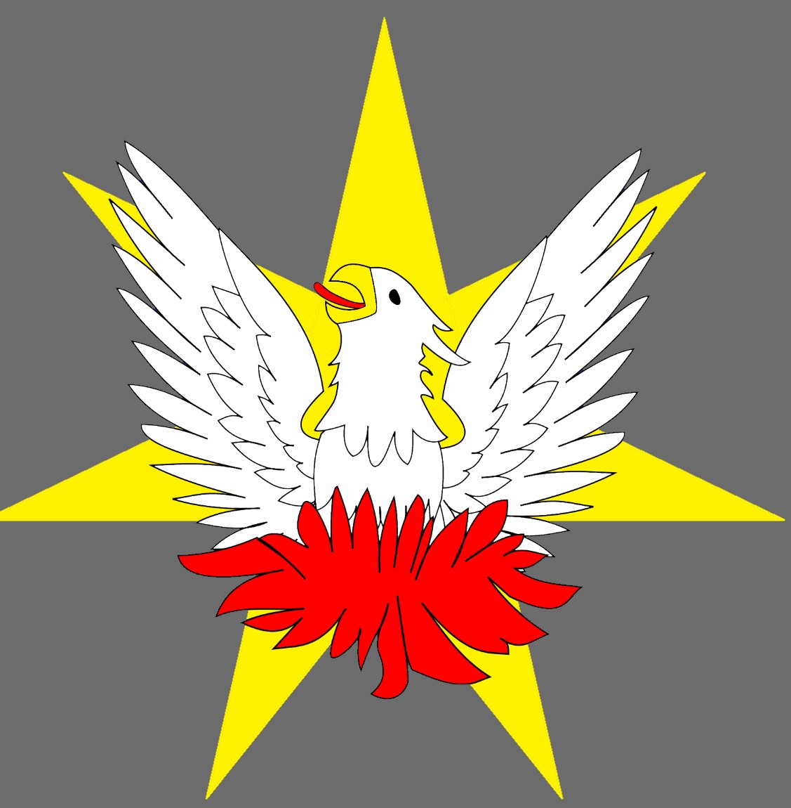 Une étoile d'Or à septs raies surmontée d'un Phénix d'Argent sur un feu de Gueules, becqueté d'Or et lampassé de Gueule